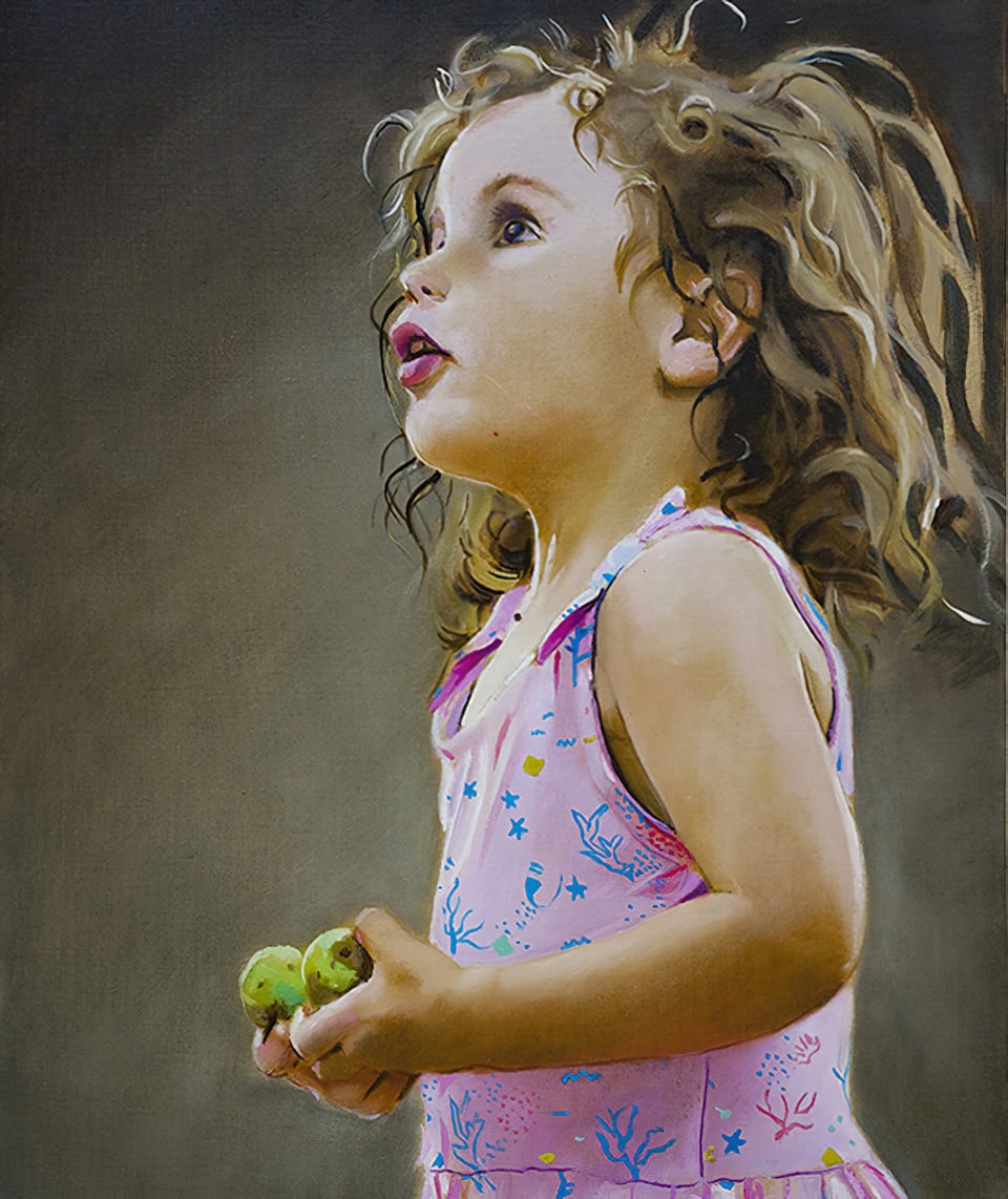 Lenfant aux fruits verts huile sur toile 62x46cm